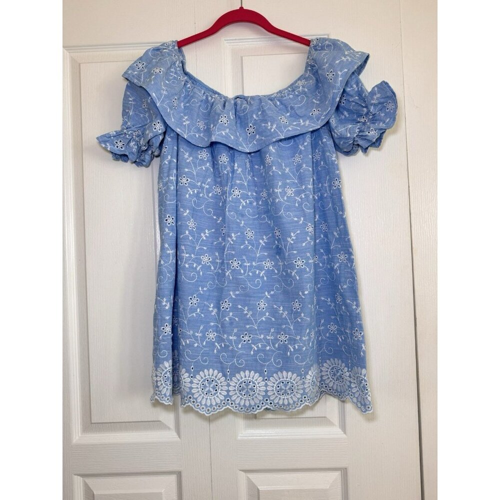 ZARA Blue Eyelet Dress Romper Off Shoulder Embroidered Cotton Size Small